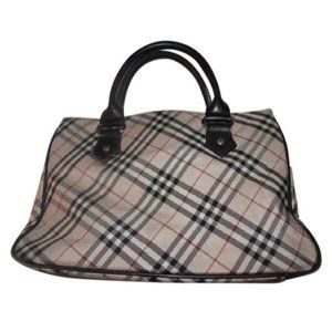 Burberry Vintage  Black Leather Nova Check Plaid Fabric Tote